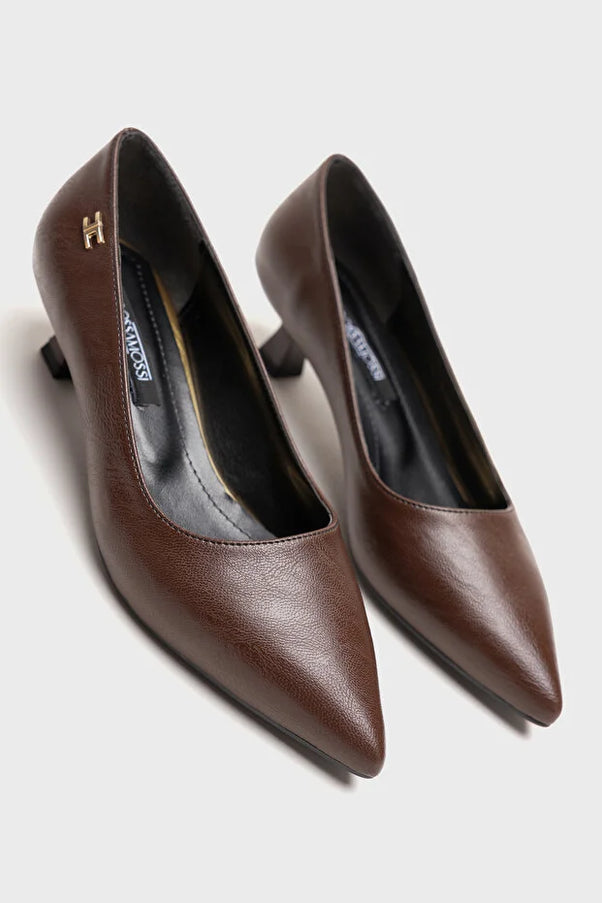 Doss Kahve Cilt Deri 5cm Alçak Topuk Sivri Burun Sitiletto Rahat Hafif Kadın Ayakkabısı