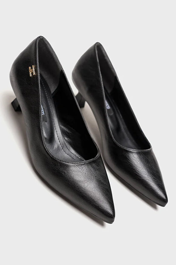 Doss Siyah Cilt Deri 5cm Alçak Topuk Sivri Burun Sitiletto Rahat Hafif Kadın Ayakkabısı