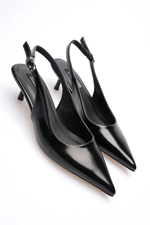 Dyago Siyah Rugan Alçak Topuk Arka Açık Sivri Burun Kadın Ayakkabısı