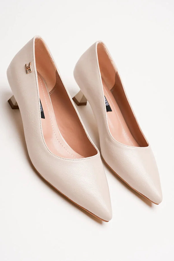 Doss Bej Cilt Deri 5cm Alçak Topuk Sivri Burun Sitiletto Rahat Hafif Kadın Ayakkabısı