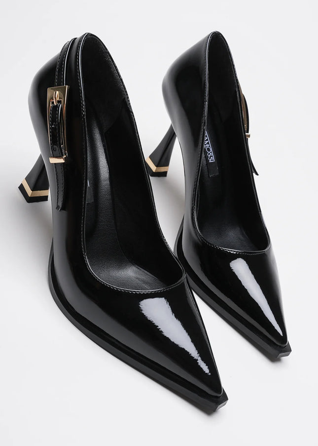 Poni Siyah Rugan Stiletto Gold Toka Detaylı Topuklu Kadın Ayakkabısı